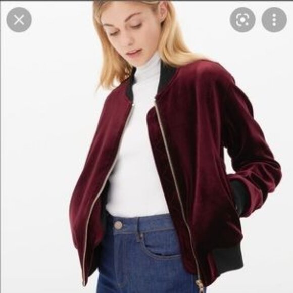 Burgundy Velvet Bomber Jacket Maroon Wine Zip Up Stripe Trim Streetwear Large - Picture 14 of 14